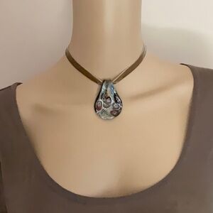 Handblown ART GLASS 
Floral Pendant Gold and Silver Shimmer